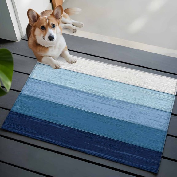 Rustic Stripes Washable Area Rug 2x3 Blue Gradient Farmhouse Wood Grain Low-Profile Area Rugs with Non Slip Backing Indoor Floor Carpet for Entrance Living Room Bedroom Home Office