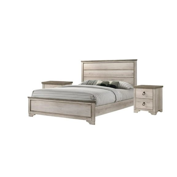 Rustic Style 3pc Panel King Size Bed and 2x Nightstands Set Beige Finish Wooden Bedroom Furniture