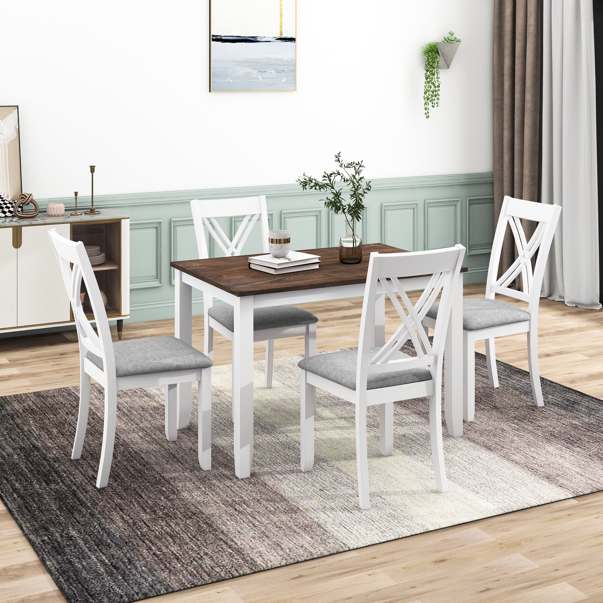 Rustic Style 4 Dining In White, Rectangular Table With 4 Upholstered ...