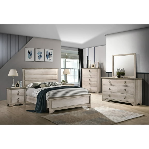 Rustic Style 4pc Panel King Size Bed Dresser Mirror Nightstand Set Beige Finish Wooden Bedroom Furniture