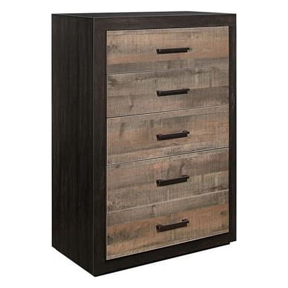 Rustic Style 5 Drawer Wooden Chest with Metal Bar Handles, Brown