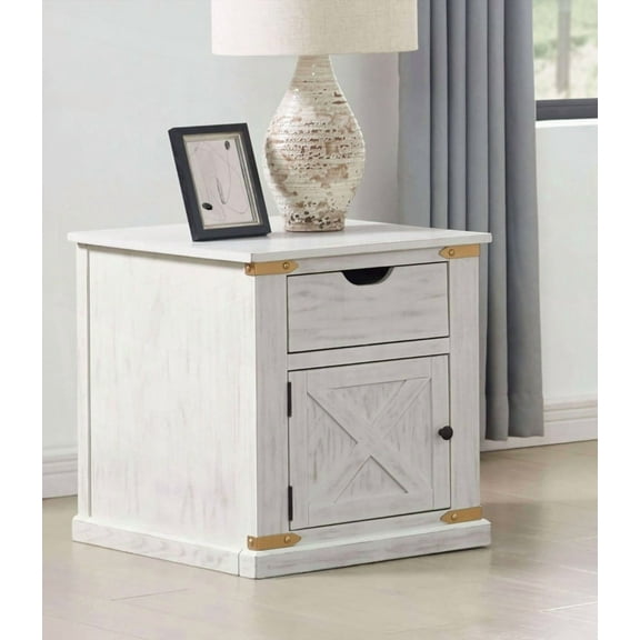 Rustic Style Antique White 1pc End Table for Living Room with Drawers & Barnyard Design