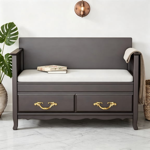 Rustic Style Church Pew Bench with Hidden Storage and Back, 42 Solid Wood Entryway Shoe Cabinet Featuring Gas Spring-Top and Removable Seat Cushion for Entrance and Living Room, Espresso