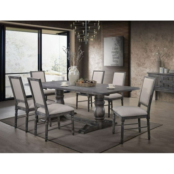 Rustic Style Dining 7pc Set Double Pedestal Table 6 Side Chairs Weathered Gray Finish Furniture