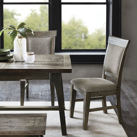 Rustic Style Dining Side Chair ( Of 2) - Solid Wood Frame, Soft Grey Upholstery, Hand-distressed 2 Chairs, Wood, Finish, Padded Seat And Back,