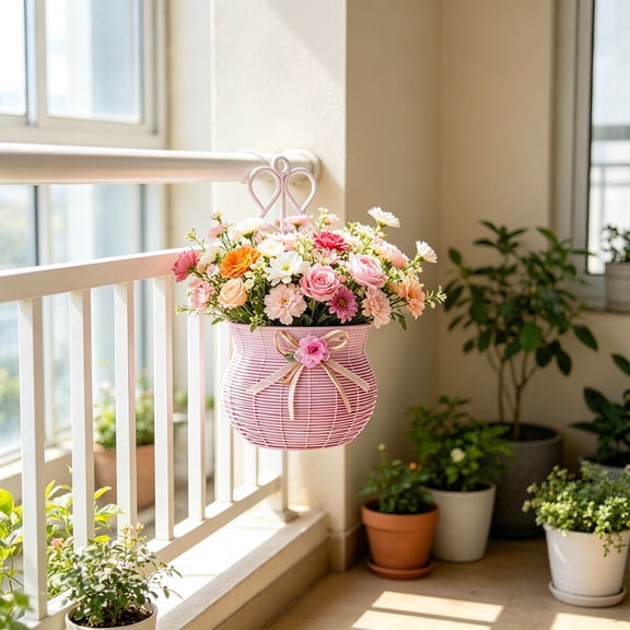 Rustic Style Flower Hanging Basket Wall Planter,Plastic Vines Woven Wall Mounted Vases Flower Baskets and Pots That Require No Drilling Suitable For Decorating Living Room Garden and Patio(Pink)