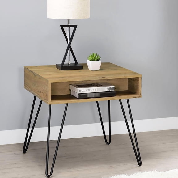 Rustic Style Golden Oak And Black Square End Table With Metal Support Storage Legs