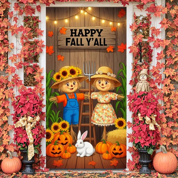 Rustic Style Happy Fall Banner Cute Scarecrow Design Autumn Backdrop Pumpkin Pattern Maple Leaf Harvest Display for Fall Festival Autumn Party Harvest Celebration