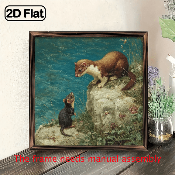 Rustic Style Imaginative Sea Cliff Weasel Wooden Framed Wall Art Unique Creative Design, Perfect Inspiration Gift, Fun Wall Decoration, Suitable for Home or Office, Farmhouse Style,20x20 cm
