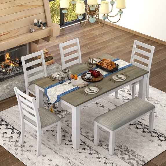 Rustic Style Kitchen Dining Set, 6-Piece Dining Room Table Set with 4 Upholstered Chairs & a Bench , Home Dining Room Furniture for 6 Persons (Brown + White Wash)