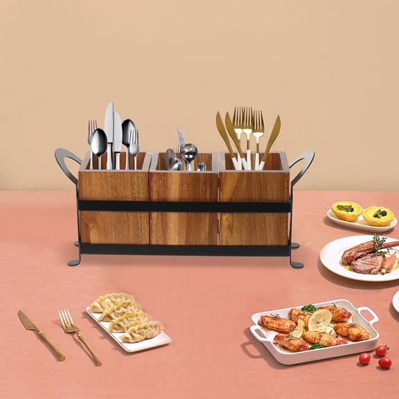 Rustic Style Kitchen Utensil Organizer Tabletop Utensil Cutlery Holder, Partition Design Wooden Utensil Organizer, used in kitchen worktops, milk tea shops, restaurants, cafes, hotel