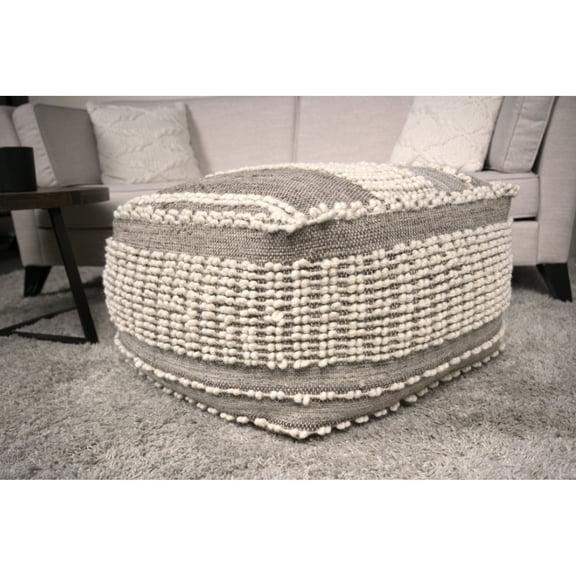 Rustic Style Large Pouf In Brown And Beige Wool Cotton, For Comfort, 26"x26"x16.5", Fully Assembled, Spot Clean Only, 75% Wool, 25% Beads Filled Inside & Cotton With Tufting, Home