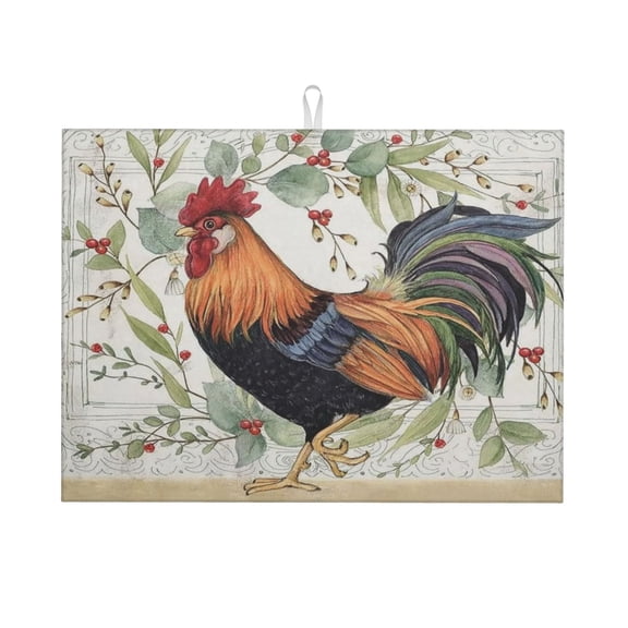 Rustic Style Painted Rooster Kitchen Mat 18x24 Inch Absorbent Microfiber Vintage Chicken Shaped Drain Mat Drain Rack Mat Quick-Drying Kitchen Accessory Large Kitchen Countertop Mat