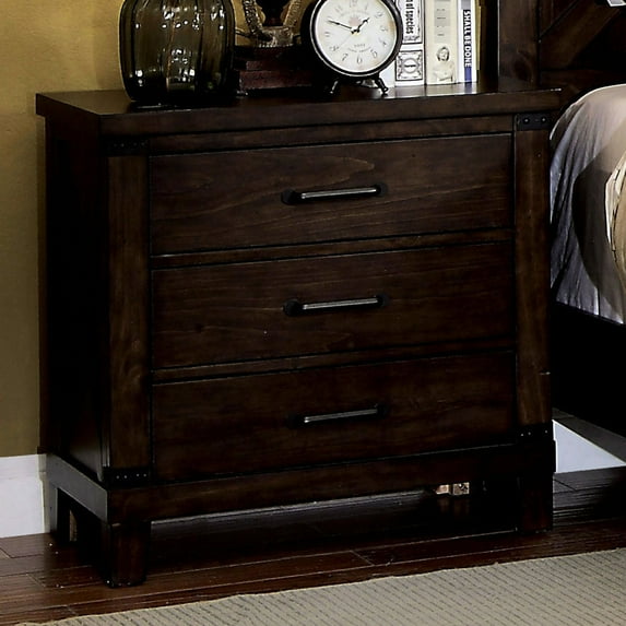Rustic Style Solid Wood Bedside Table With Dark Walnut Finish And 3 Drawers Black Pulls 3 Cabinet In Walnut, Pull Handles