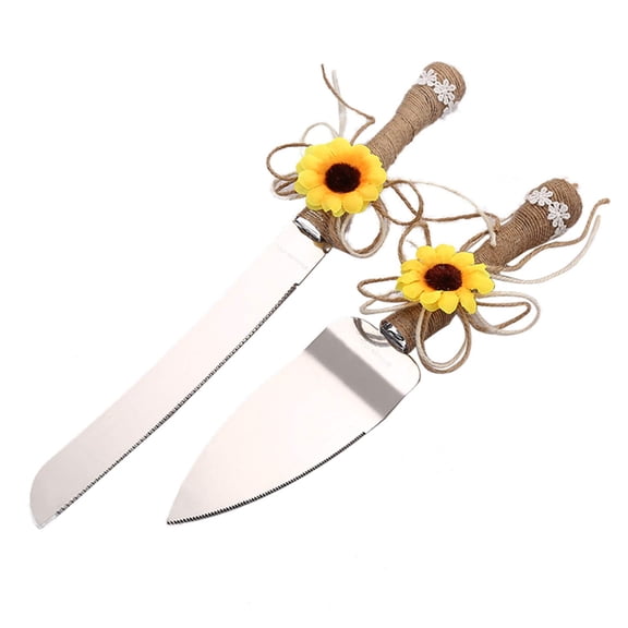 Rustic Style Stainless Steel Wedding Cake Knife and Serving Set Resin Plastic Handle with Artificial Green Leaf shape Design