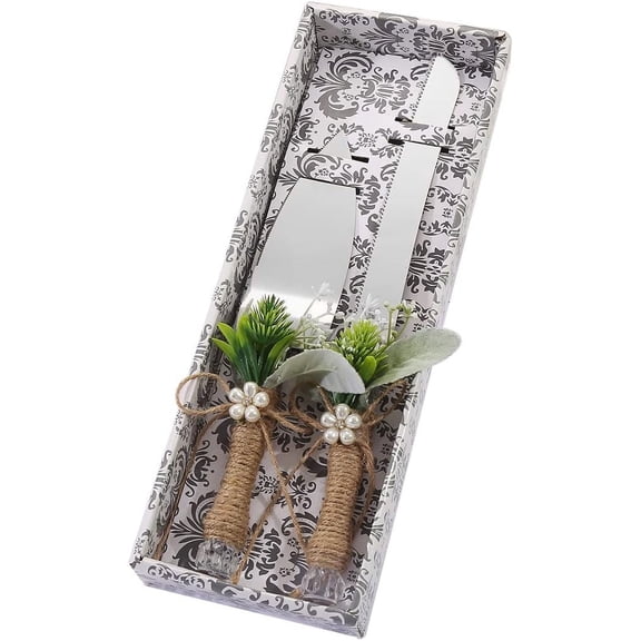 Rustic Style Stainless Steel Wedding Cake Knife and Serving Set Resin Plastic Handle with Artificial Green Leaf shape Design