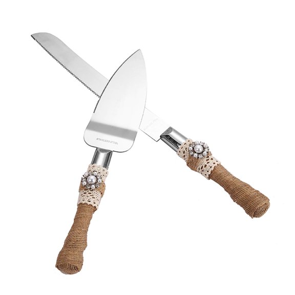 Rustic Style Stainless Steel Wedding Cake Knife and Serving Set Resin Plastic Handle with Artificial Green Leaf shape Design