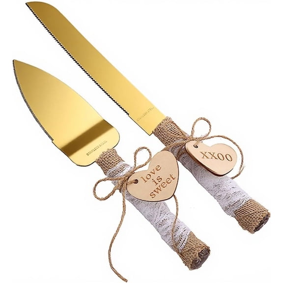 Rustic Style Stainless Steel Wedding Cake Knife and Serving Set Resin Plastic Handle with Twine Heart Love Wood Tag Burlap Lace DesignGold