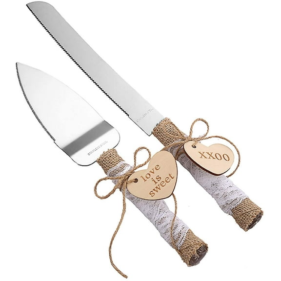 Rustic Style Stainless Steel Wedding Cake Knife and Serving Set Resin Plastic Handle with Twine Heart Love Wood Tag and Burlap Lace Design