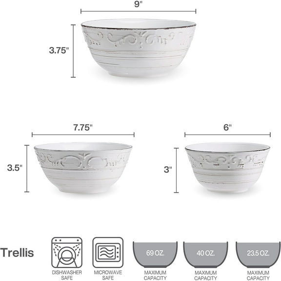 Rustic Style Stoneware Serving Bowls Set of 3, White
