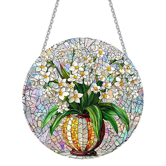 Rustic Style Sun Catcher Window Prism With Flower Design, Stained Glass Effect Acryic Hanging Ornament For Garden, Patio, Home Decor