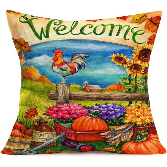 Rustic Style Throw Pillow Covers Cotton Linen Flower Garden Sunflower Pumpkin Truck Decorative Pillow Covers for Welcome Autumn Fall Decoration Farmhouse Cushion Case 18" x 18" (Welcome Rooster)