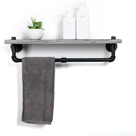 Rustic Style Torched Wood Towel Rack Wall Mounted Industrial Metal Pipe Bar Floating Bracket Shelf Bathroom Kitchen Washcloths Toiletries Supplies Rectangular Hanging Organizer Farmhouse
