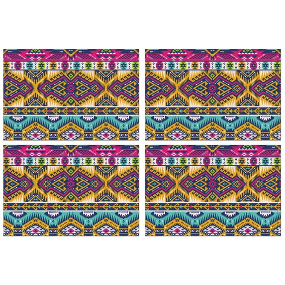 Rustic Style Tribal Boho Flax Placemats Set of 4, 12x18 Inch Vintage Artistic Classic Table Mats, Washable Earthy Ethnic Decor for Kitchen and Dining Table