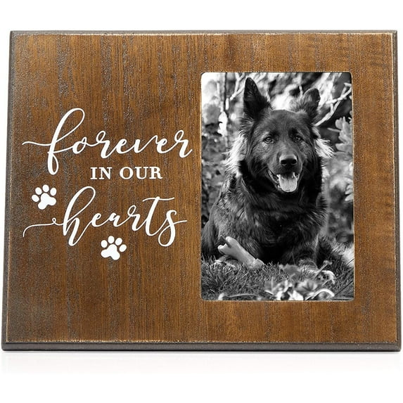 Rustic-Style Wooden Pet Memorial Picture Frame, 9.5x7.9 In Sentimental Dog Photo Frame to Memorialize Pets That Have Passed On, Forever In Our Hearts Display for 4x6 In Photos (Brown)