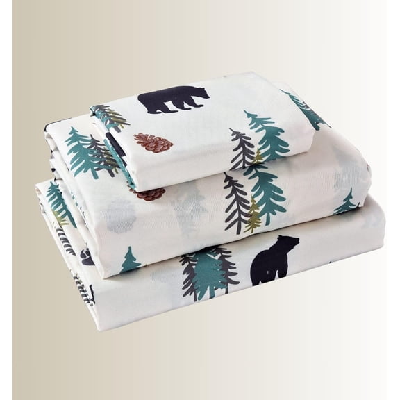 Rustic Style Woodland Bear Pine Tree Pinecone Ultra Soft Cabin Lodge Decor Bed Sheet and Pillowcase Set (Queen (U.S. Standard))