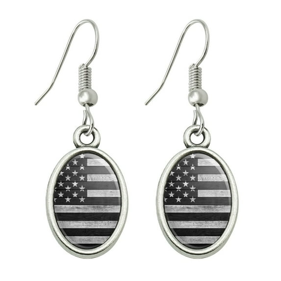Rustic Subdued American Flag Wood Grain Design Novelty Dangling Drop Oval Charm Earrings