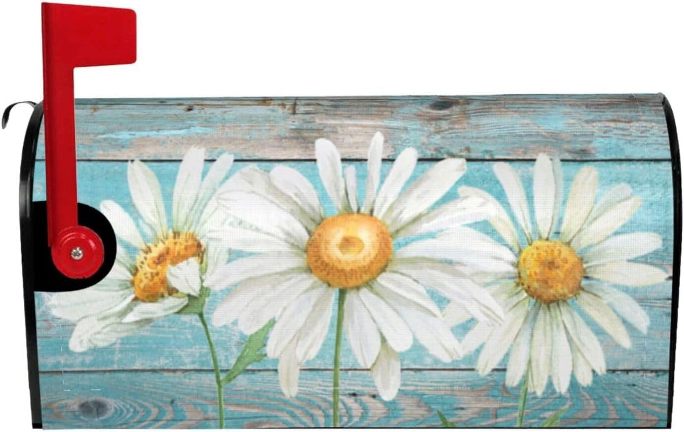 Rustic Summer Daisy Mailbox Covers, Spring 21x18 Inch Teal Old Wood Board Magnetic Standard Size Wrap Post Letter Box Cover for Garden Yard Decor
