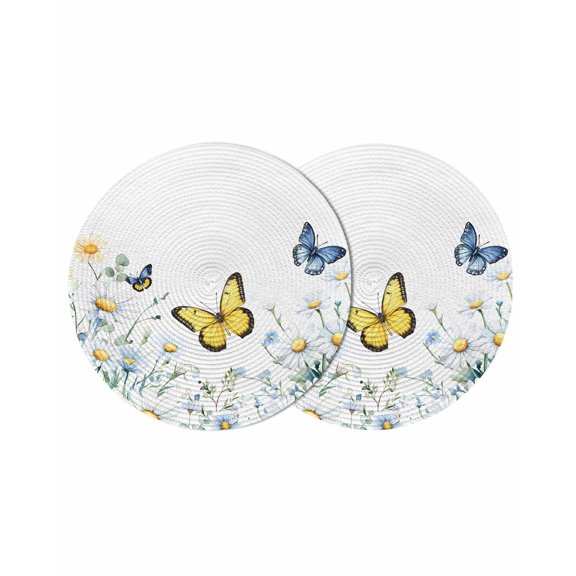 Rustic Summer Round Table Placemats set of 2, Daisy Butterfly Washable Woven Place Mats for Dining Tables Kitchen Party Decor,Heat Proof, 13in, Yellow Ivory White