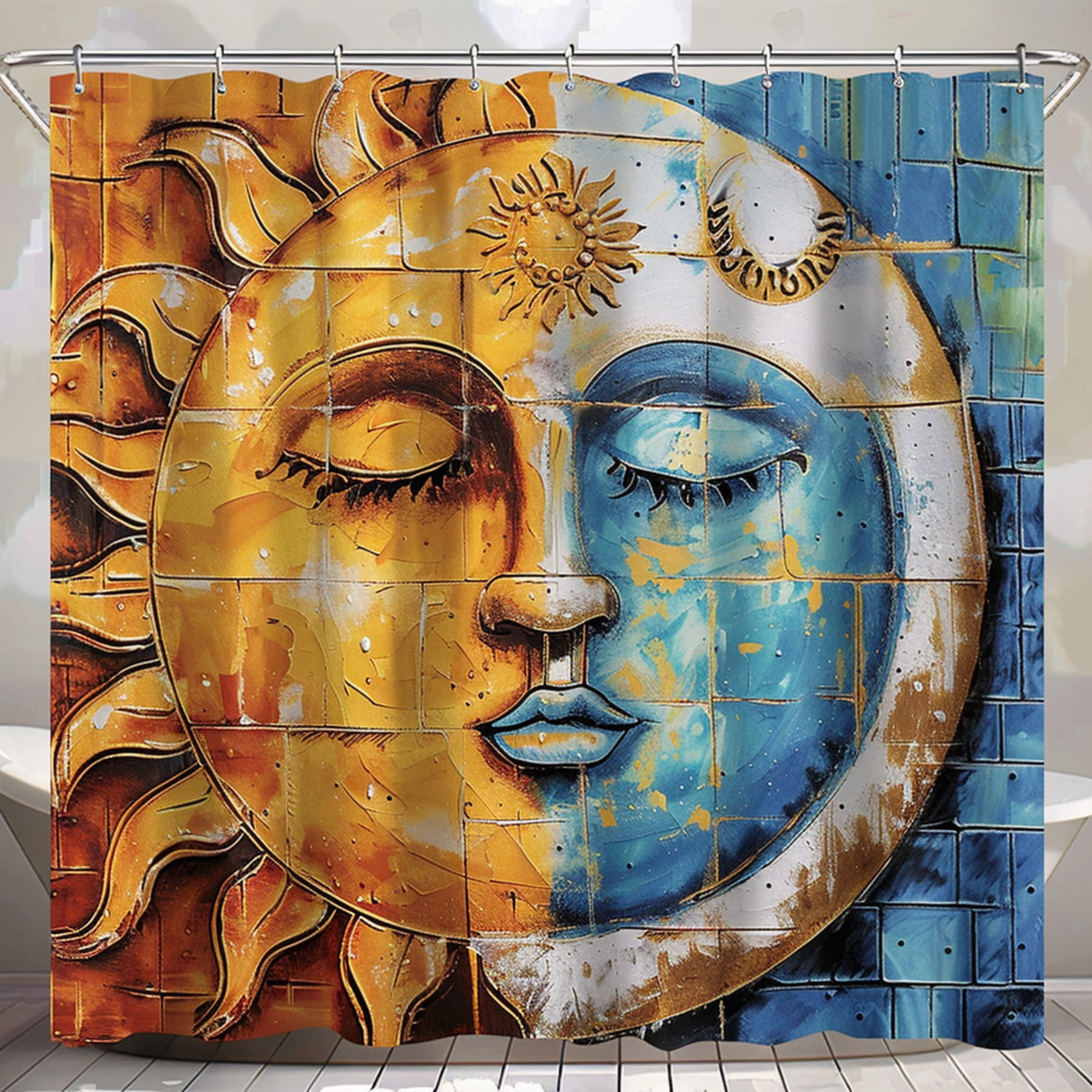 Rustic Sun and Moon Bathroom Shower Curtain Hand Painted Full Body ...