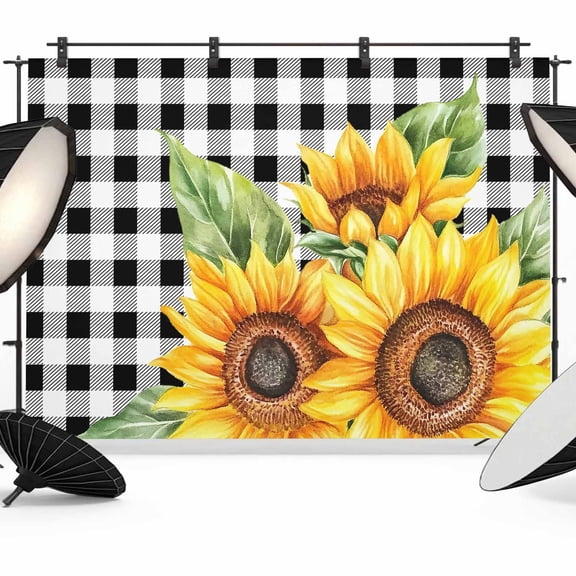 Rustic Sunflower Backdrop for Photography, Country Floral Pastoral Black Buffalo Plaid Photo Backdrop Portrait Background Party Banner Photo Backgrounds for Studio Booth Props, 7x5ft