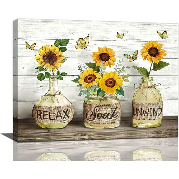 Rustic Sunflower Bathroom Wall Art Print, 12x16in, Framed Canvas Print for Living Room Decor
