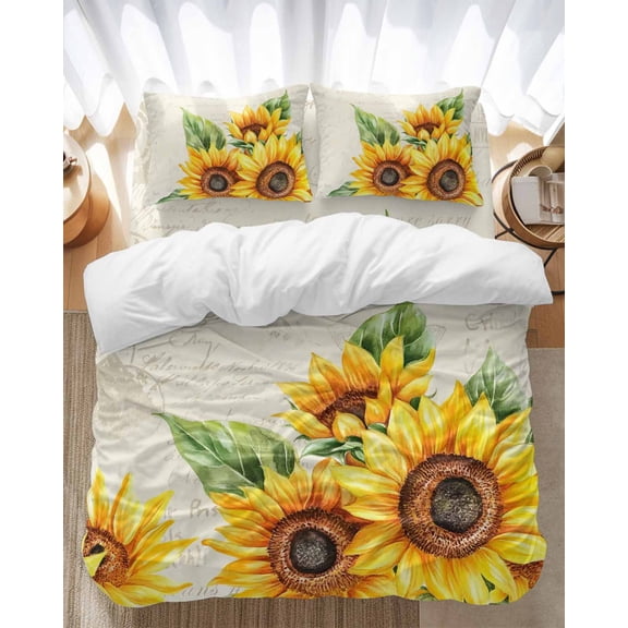 Rustic Sunflower Bedding Duvet Cover Set Full 4 Pieces Country Floral Pastoral Retro Beige Background Bedding Set with Zipper Closure,1 Comforter Cover 86x86 Inches 1 Flat Sheet & 2 Pillow Cases