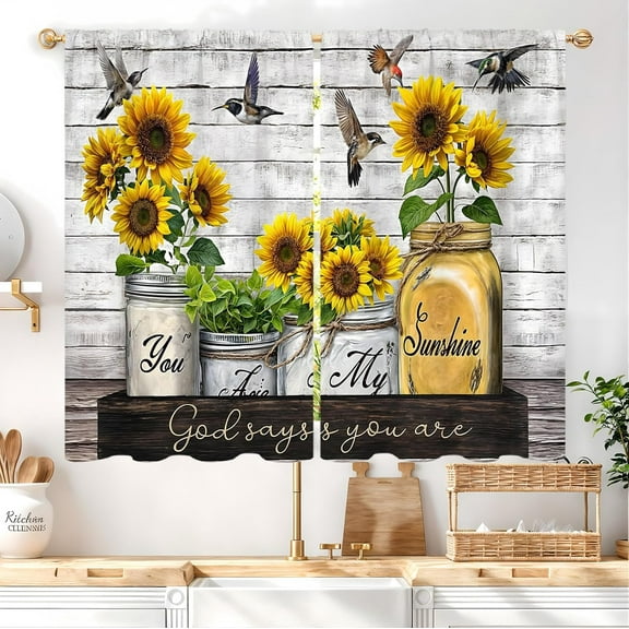 Rustic Sunflower Birds Kitchen Curtains 27.5W X 39L Inch 2 Panel Rod Pocket Wooden Yellow Floral Farmhouse Flower God Says You are Small Short Cafe Tier Window Drapes Bathroom Home Decor