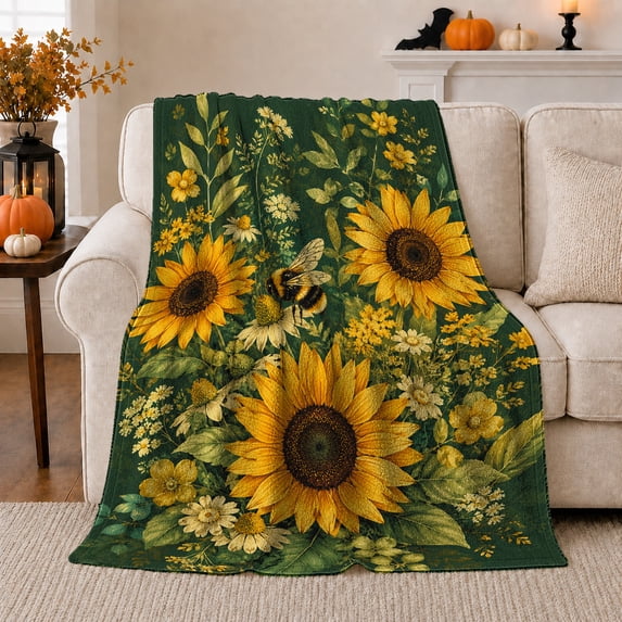 Rustic Sunflower Bumblebee Botanical Garden Scene, Rustic Botanical Portrait, Warm Flannel Blanket for Sunroom and Reading Nook, Garden Lovers Housewarming Gift, Rustic Home Decor