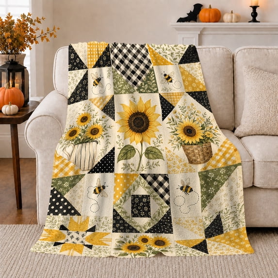 Rustic Sunflower Bumblebee Patchwork Farmhouse, Cozy Friendship Quote Scene, Warm Flannel Blanket for Ranch House and Living Room, Art Lovers Thanksgiving Gift, Artistic Home Decor