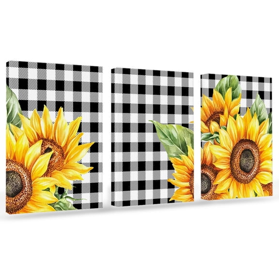 Rustic Sunflower Canvas Wall Art 3 Panels, Country Floral Pastoral Black Buffalo Plaid Framed Wall Decor Modern Artwork Prints Painting for Living Room, Bedroom, Kitchen & Cafe Decor 16" x 20"