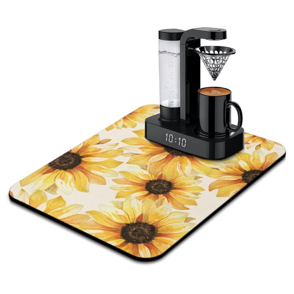 Rustic Sunflower Dish Drying Mat, Boho Vintage Floral Coffee Bar Mat, Absorbent Yellow Bloom Kitchen Counter Protector
