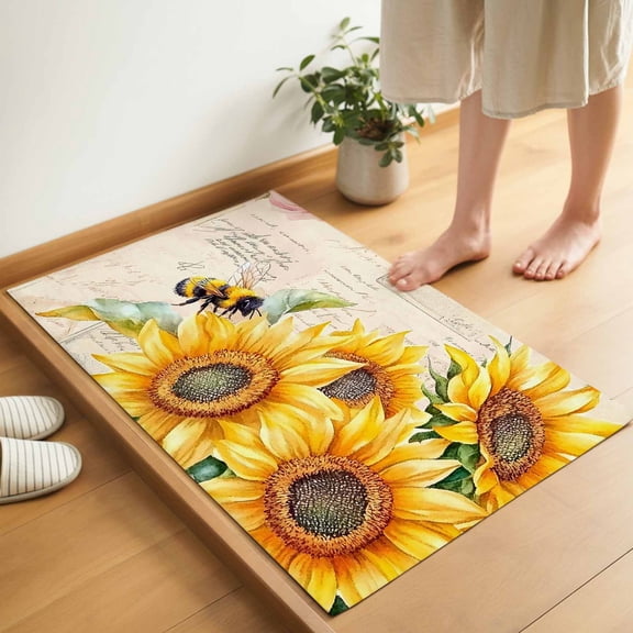Rustic Sunflower Door Mat 18x30 Inch Bee Country Floral Retro Letter Background Entryway Rug with Non-Slip Rubber, Inside Floor Mats Front Door Rug for Living Room Bathroom Bedroom Home Office