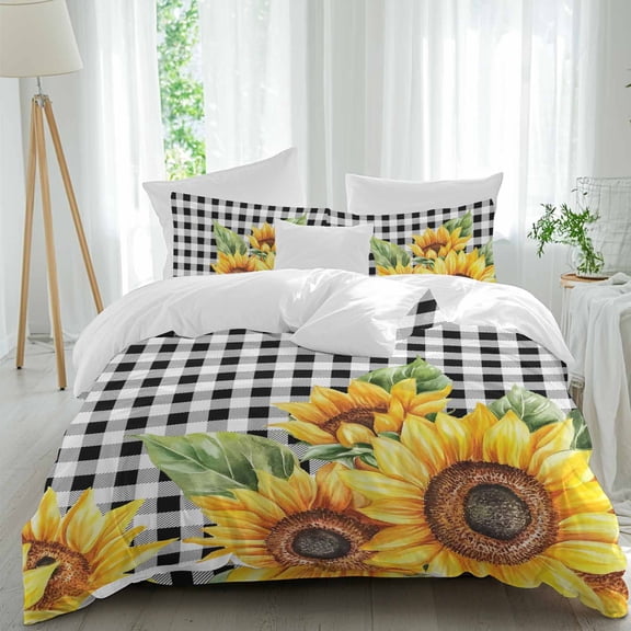 Rustic Sunflower Duvet Cover Set Twin Size, Country Floral Pastoral Black Buffalo Plaid 4 Piece Soft Microfiber Bedding Set with 1 Duvet Cover, 1 Flat Sheet, 2 Pillowcases