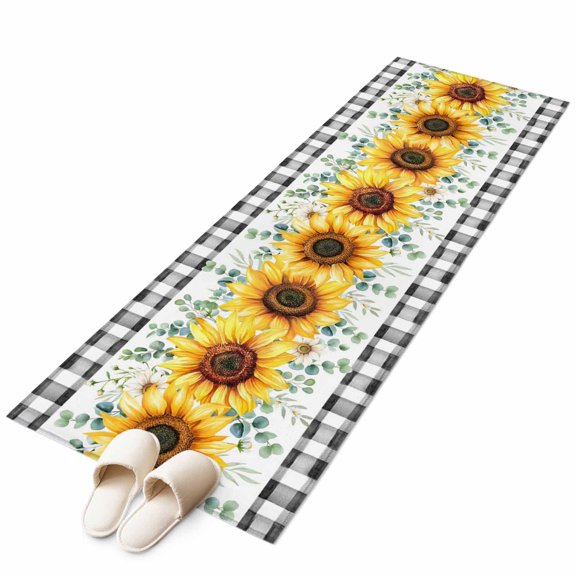 Rustic Sunflower Eucalyptus Leaf Non-Slip Non-Shedding Floor Mat, Pastoral Flower Buffalo Plaid Washable Sturdy Carpet for Living Room Bedroom Home Decor