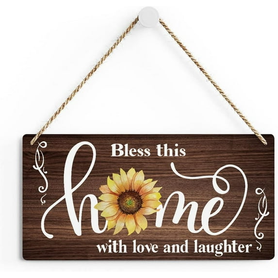 Rustic Sunflower Family Wood Decor Sign, Bless This Home with Love Printed Wood Sign Wall Art, Hanging Door Sign, Decorative Wood Sign Home Decor 10x5 Inch