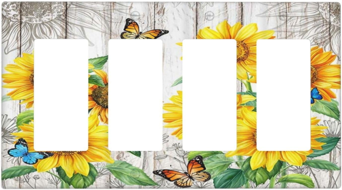 Rustic Sunflower Farmhouse Floral Wooden Plank Quad Rocker Light Switch ...