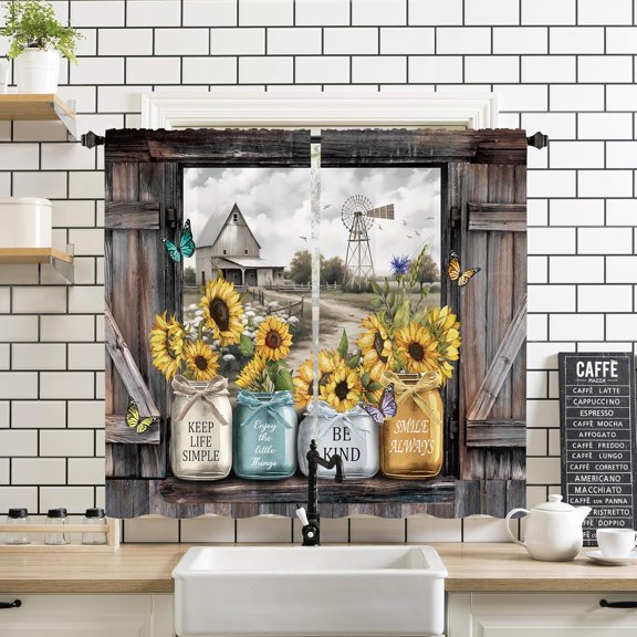 Rustic Sunflower Farmhouse Kitchen Curtains 2 Panels 27.5W x 39H Rod Pocket Quotes Barn Door Wooden Wood Country Vintage Jar Inspirational Motivational Decor Window Drapery Treatment