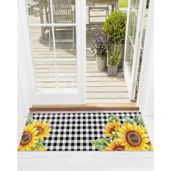 Rustic Sunflower Front Door Mat Country Floral Pastoral Black Buffalo Plaid Welcome Doormat Indoor Outdoor Entrance Floor Mat Non-Slip Washable Runner Rug for Front Porch Decor 18x60 Inch