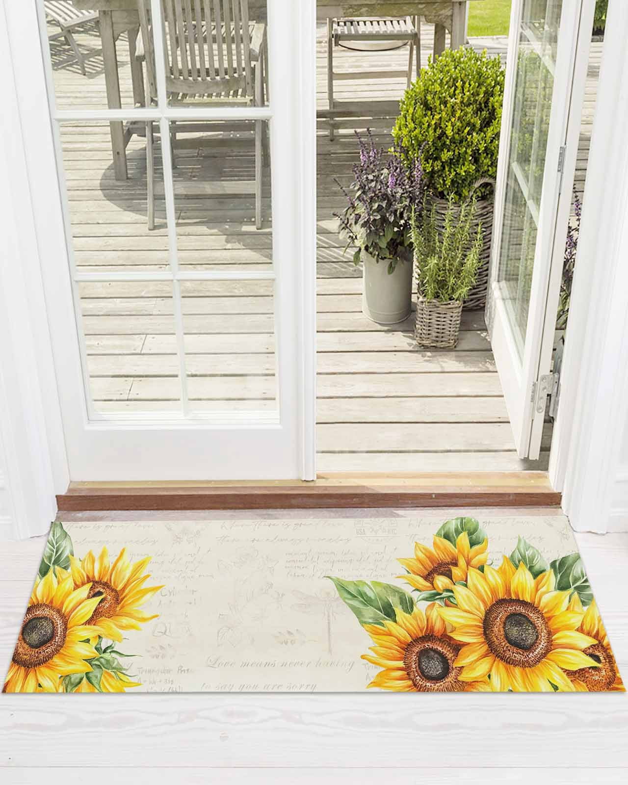 Rustic Sunflower Front Door Mat Country Floral Pastoral Retro Beige